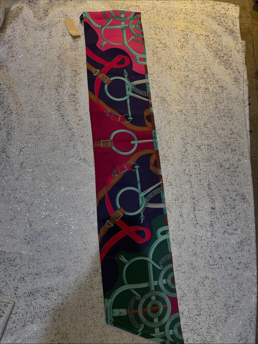 Hermes Silk Twilly in Fuchsia, Teal, Navy & Brown Equestrian Print